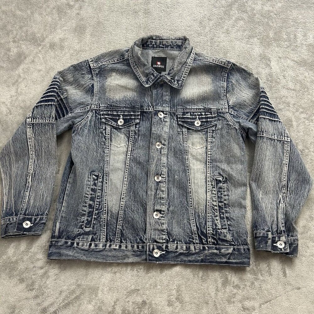 Southpole Jacket Men’s L Distressed Button Front Collared Denim Jean Trucker Y2K
